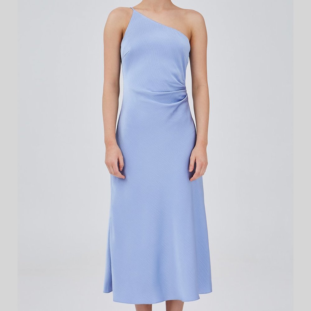 NWT One Shoulder Asymmetrical Blue Silk Midi Dress